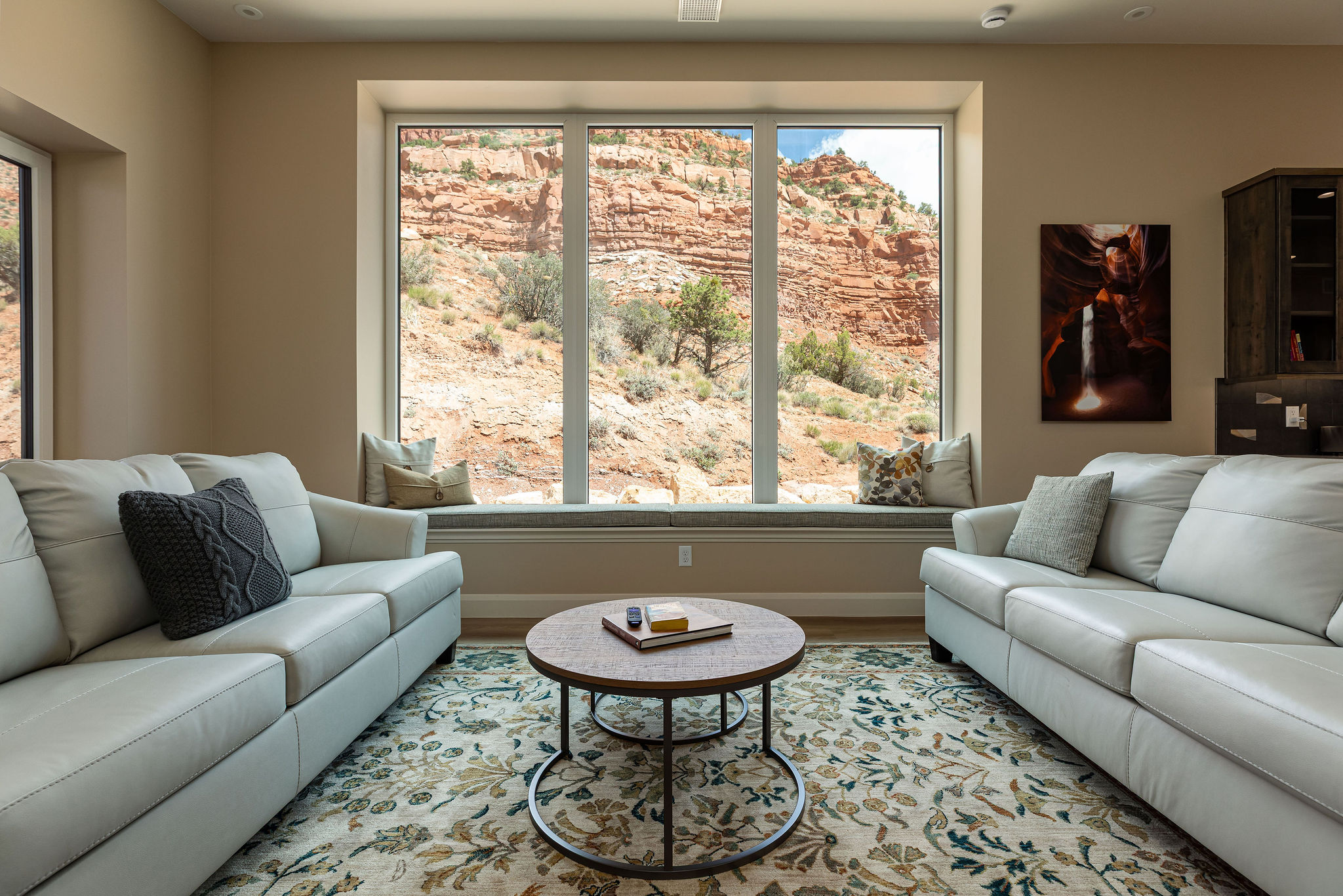 View of the cliffs through the large living room windows